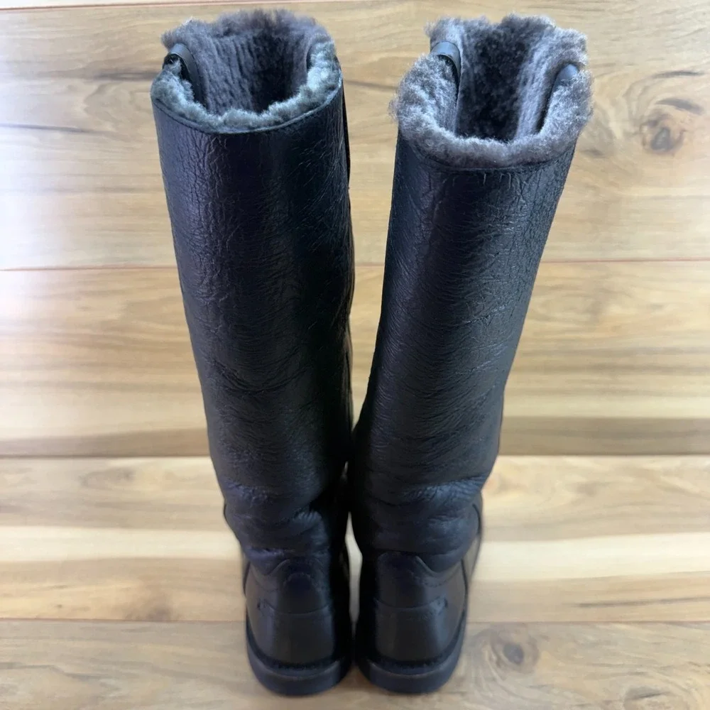 FRYE Veronica Tall Shearling Fur Lined Boots 7 Black Leather Pull On Riding Lug